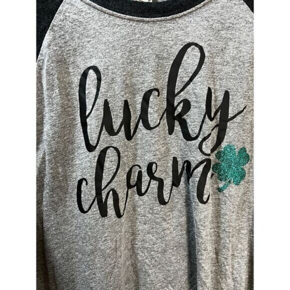 Lucky Charm Raglan Shirt Gray & Black With Glitter Shamrock Small Next Level App - Picture 4 of 5